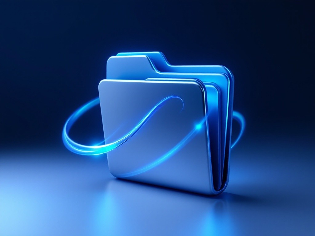 A blue metallic folder icon with a glowing blue light trail around it, suggesting data transfer or movement.