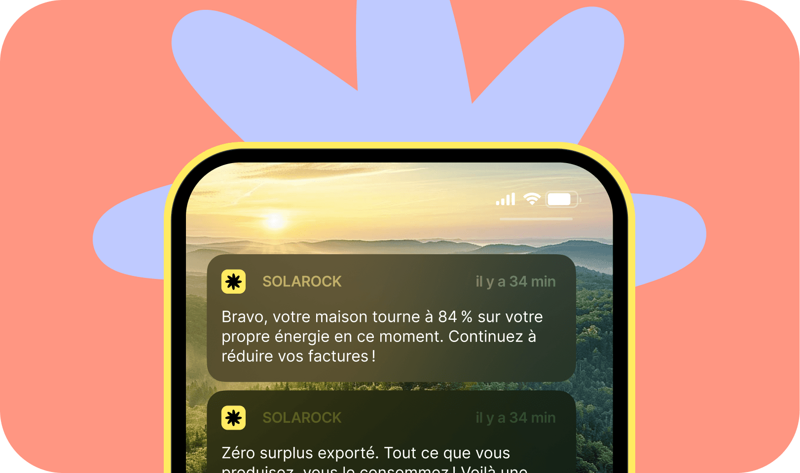 Illustration qui montre une notification sur un smartphone pour illustrer un diagnostic de performance d’une installation solaire. Cette notification permet de suivre, analyser et optimiser les rendements de son installation photovoltaïque.