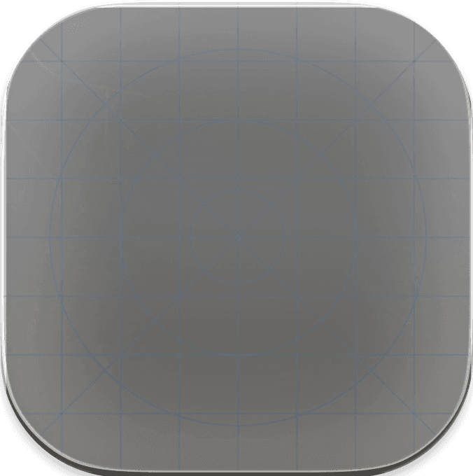 Rounded square app icon cover with a dark gradient background, featuring a blue grid layout and circular geometric guides inspired by icon design systems.