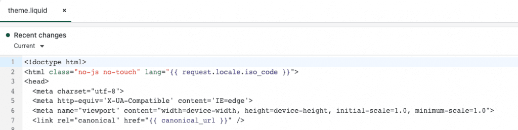 Shopify theme.liquid file open in the code editor, showing the head section