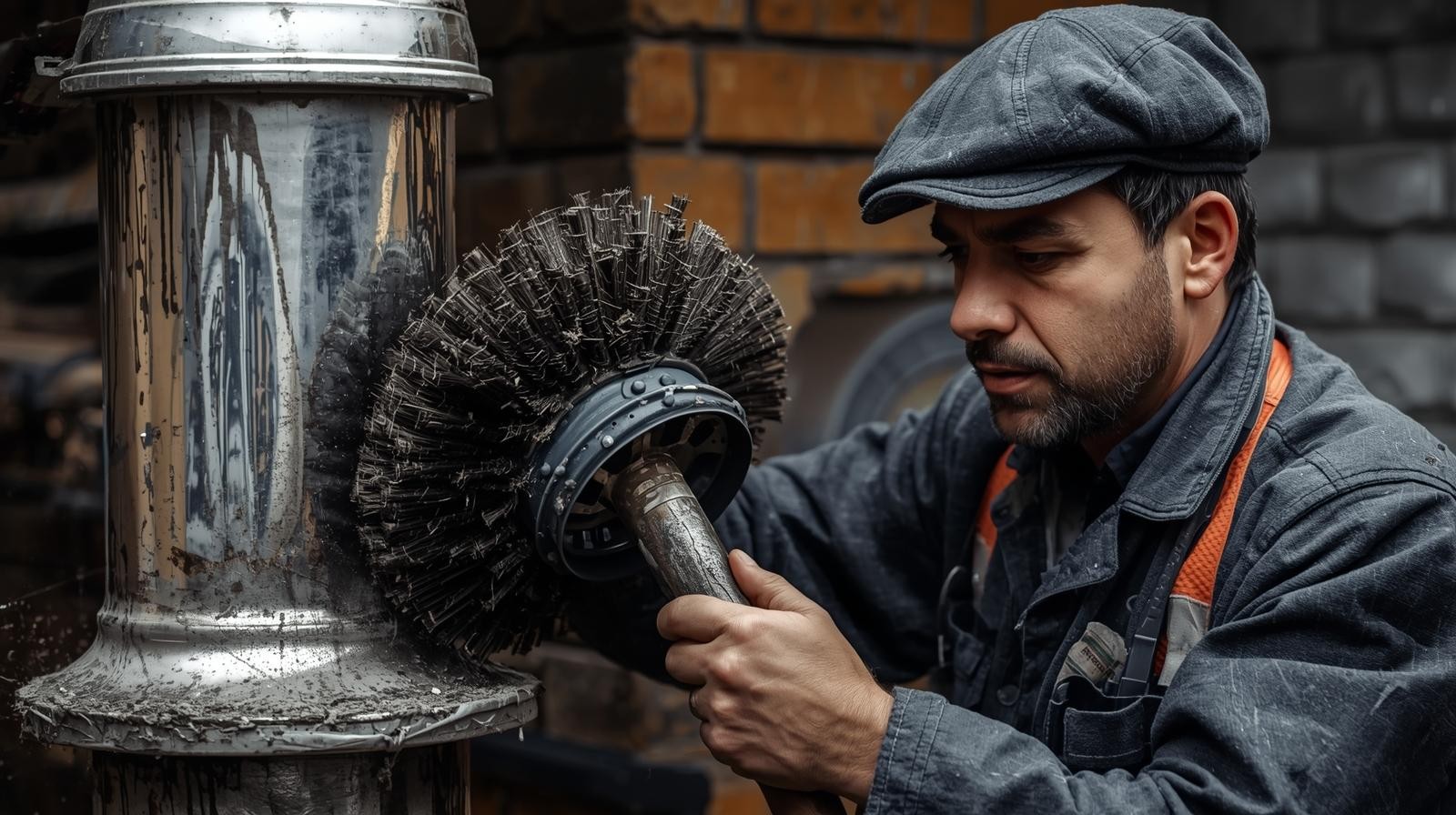 Technician cleaning a stainless steel metal chimney flue