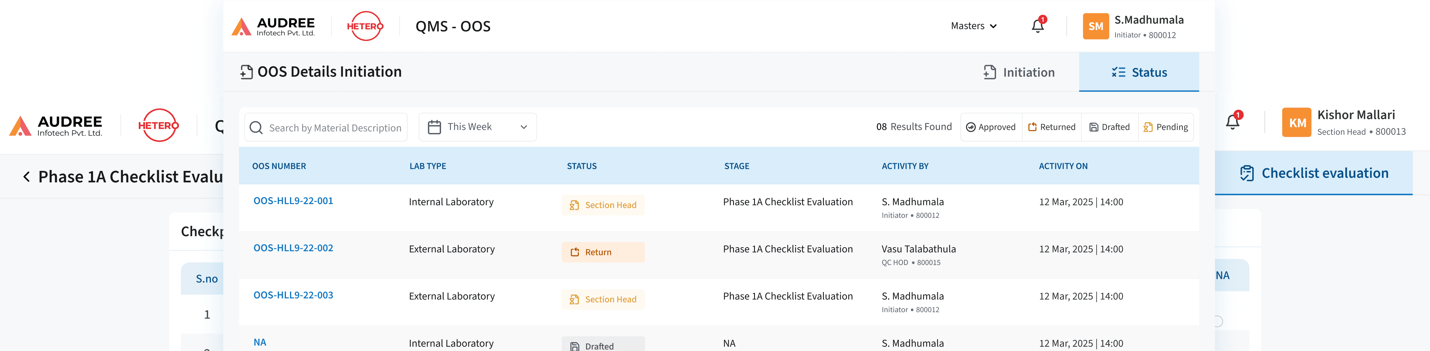 OOS investigation workflow management dashboard screens