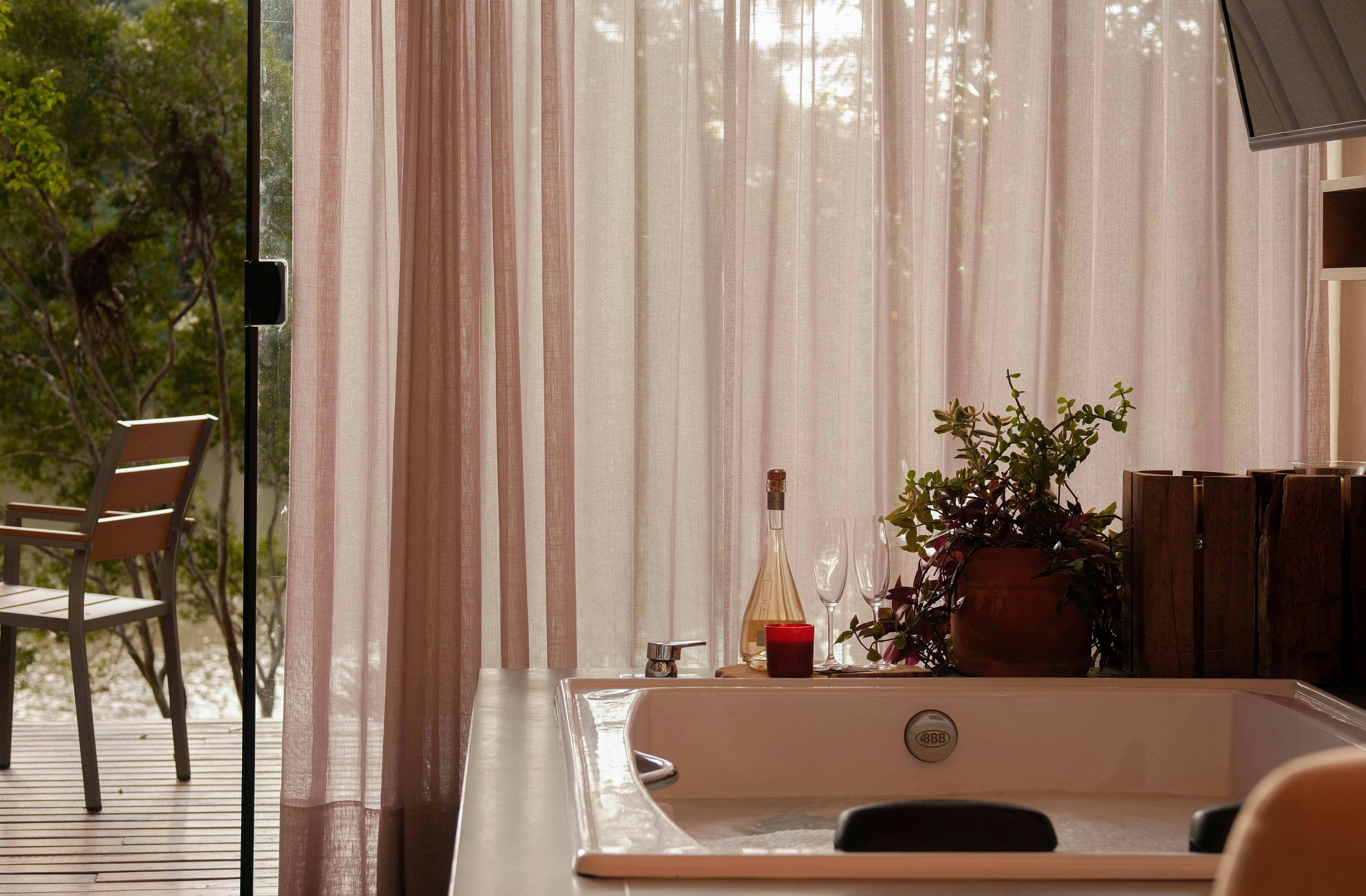 Interior features a view through a glass door.