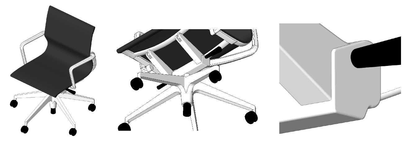 Unnecessary over-detailing of the base of a 3D chair model.