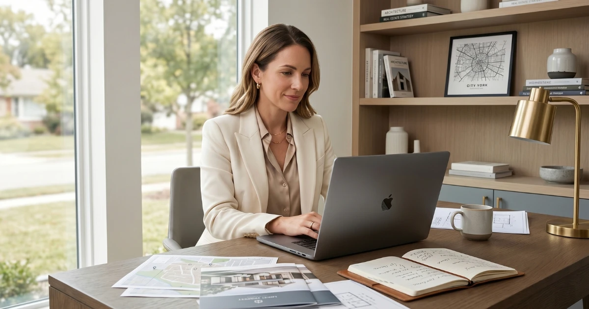 A real estate agent optimizing their local SEO profile on a laptop to generate organic client leads.