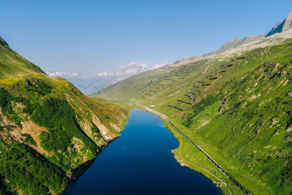 Aerial view of the summit of the Oberalp Pass in the Swiss Alps near Andermatt