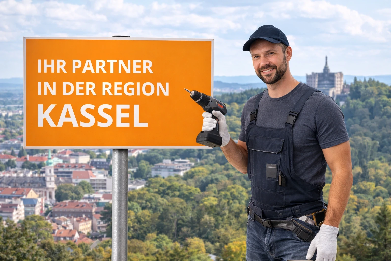 Handwerker mit Akkuschrauber vor Kassel-Panorama und Schild „Ihr Partner in der Region Kassel“ – regionaler Fachbetrieb für Trockenbau, Abriss und Entrümpelung