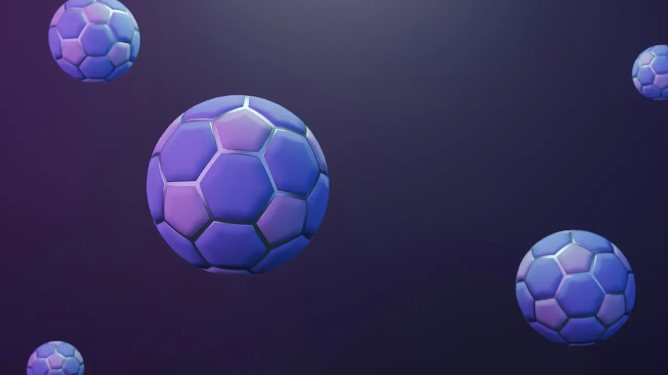 Futuristic digital footballs floating on a dark background – symbolising the rise of indoor football leagues like the Icon League, Baller League, and Kings League in 2025.