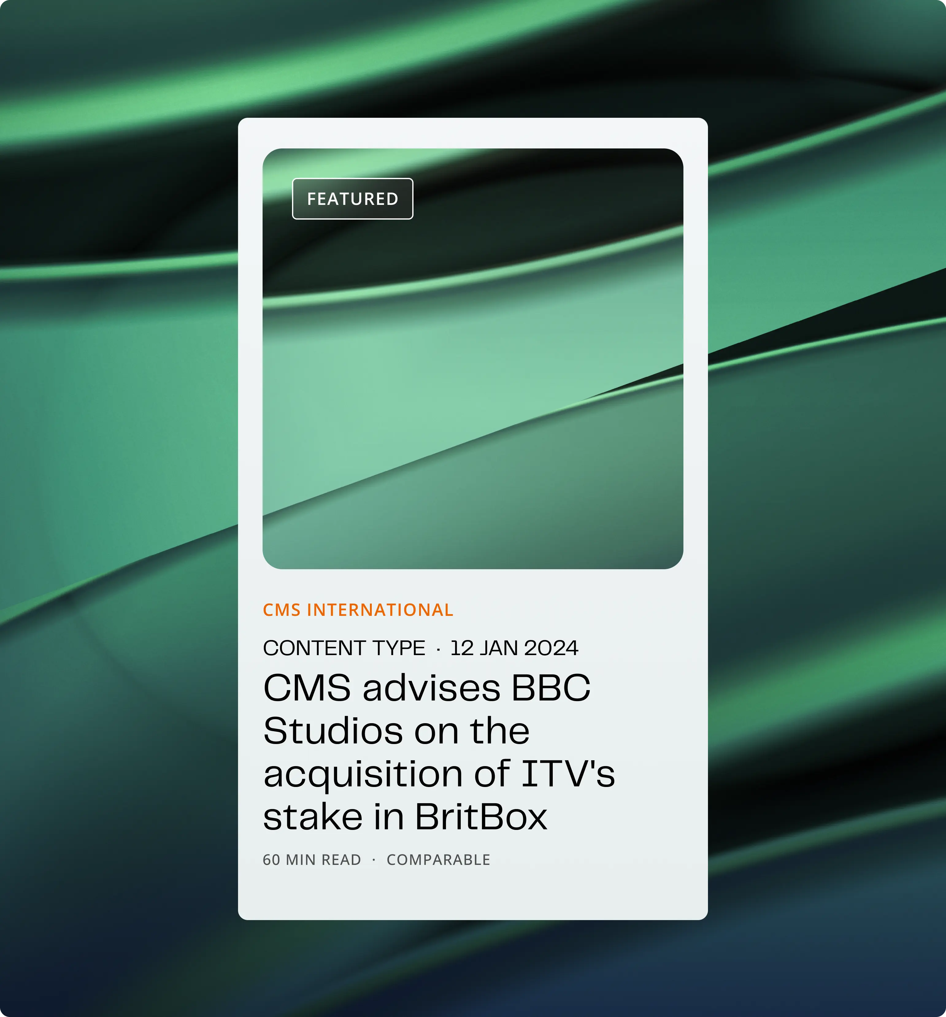 Weiße Karte mit abstraktem Bildmotiv, für die gefeaturte Rubrik CMS Interantional.