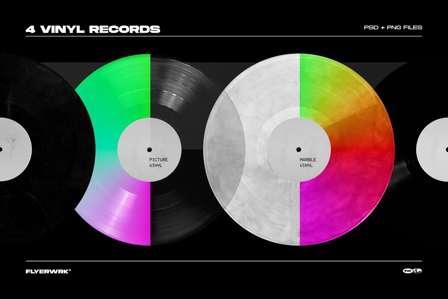 Vinyl record mockup bundle vinyl color variants including black and marble records