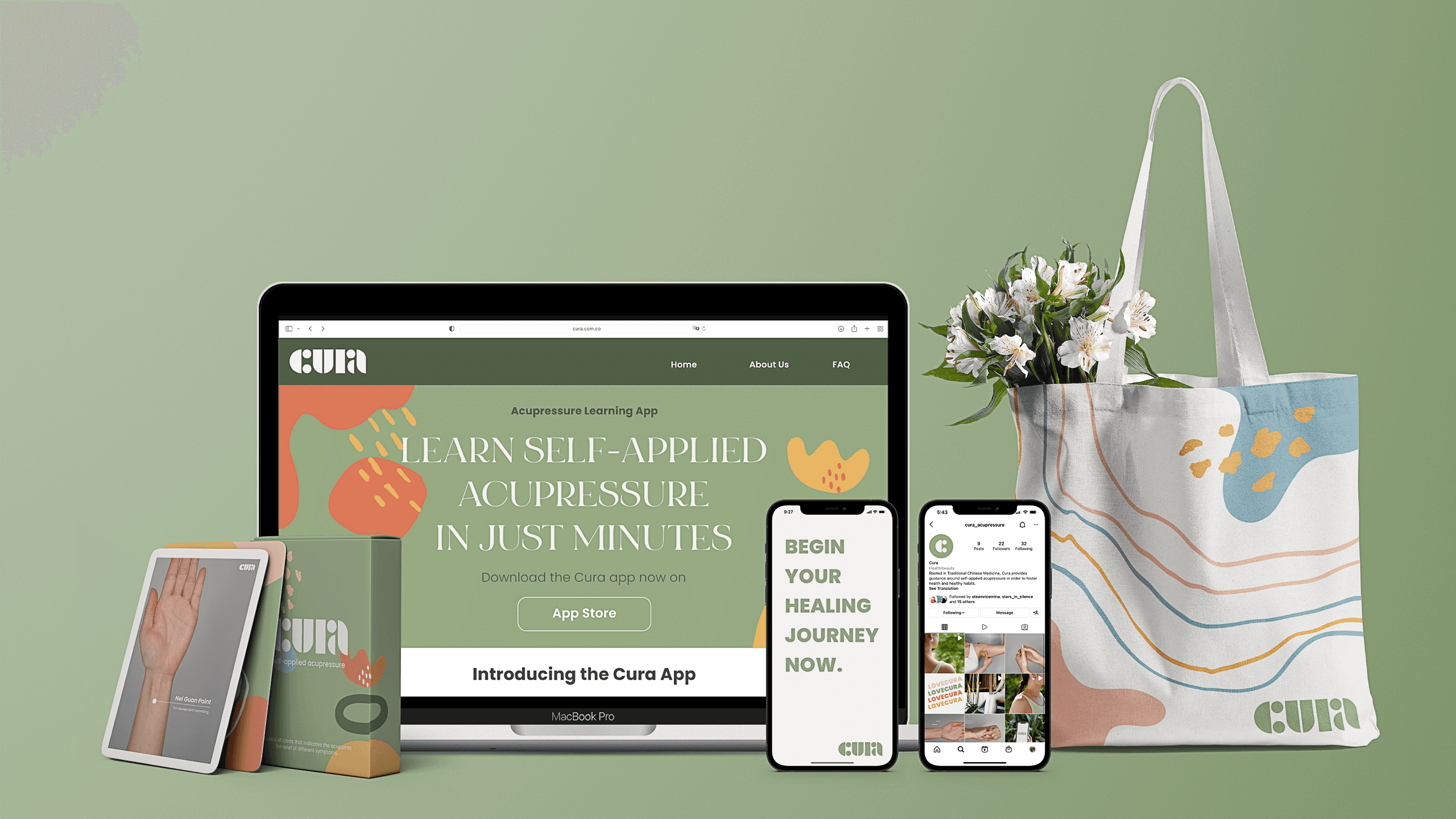 A laptop displaying the Cura app’s homepage is shown alongside a tablet, a smartphone, and a tote bag. The app’s interface features text reading “LEARN SELF-APPLIED ACUPRESSURE IN JUST MINUTES” and “Download the Cura app now on App Store.” A smartphone displays “YOUR HEALTHCARE JOURNEY NOW.” A tote bag holds a bouquet of white flowers. The background is light green.
