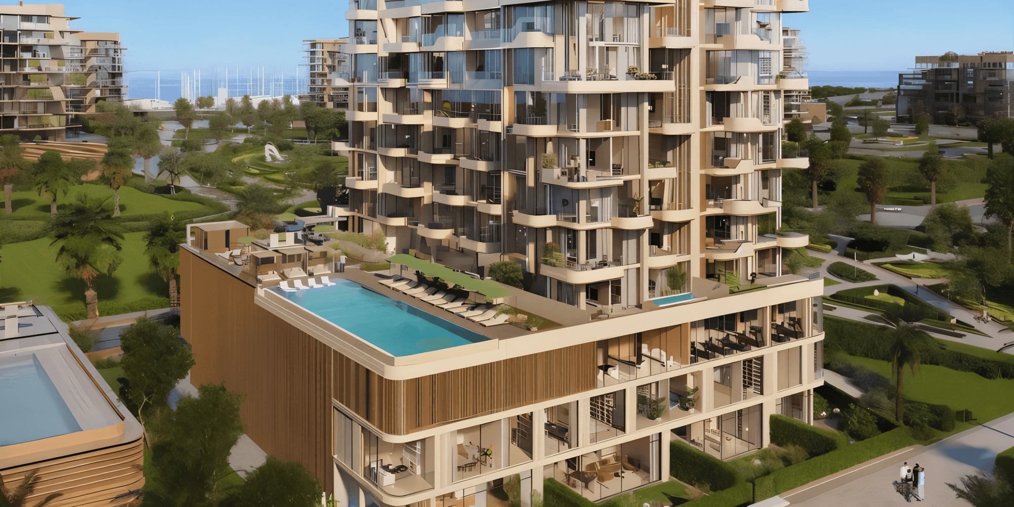 An apartment building surrounded by a swimming pool, featuring a central courtyard labeled "House of Well."