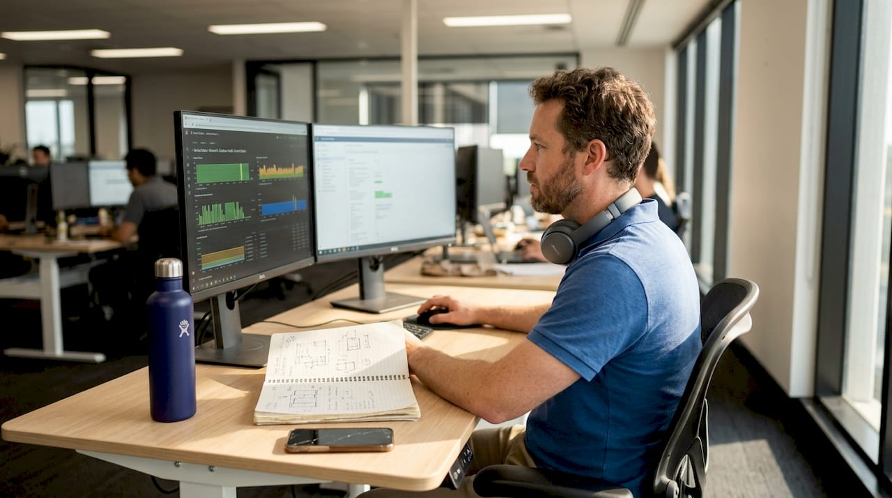 Engineer reviewing microservices dashboard in office