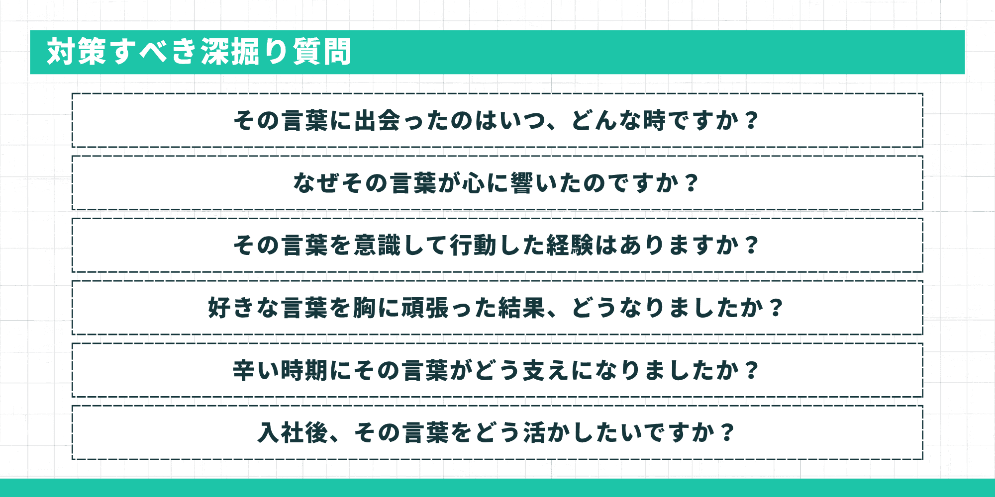 対策すべき深掘り質問6つ(出会い・心に響いた理由・行動経験・結果・支えになった経験・入社後の活かし方)