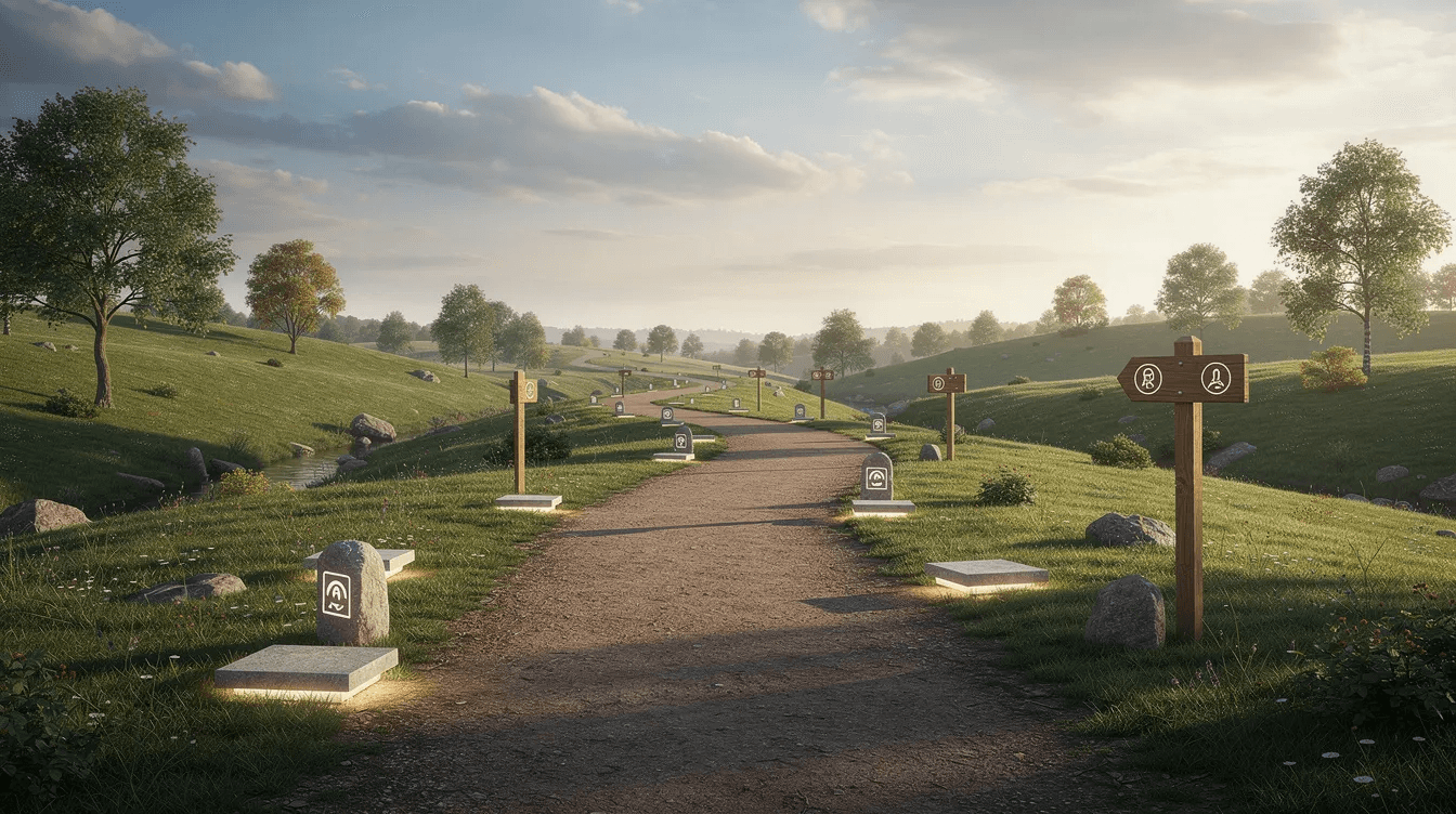 The image depicts a winding path through a lush green landscape, representing a journey filled with clear milestones that symbolize the importance of effective family governance and collective decision making among family members. This journey reflects the shared values and commitment of multiple generations as they navigate challenges together.