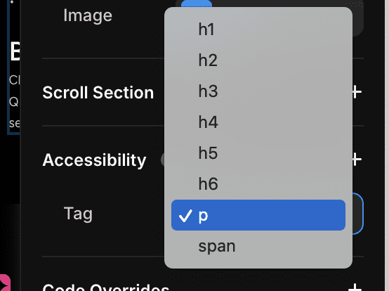A list of semantic header tags in the Framer accessibility Tag panel.