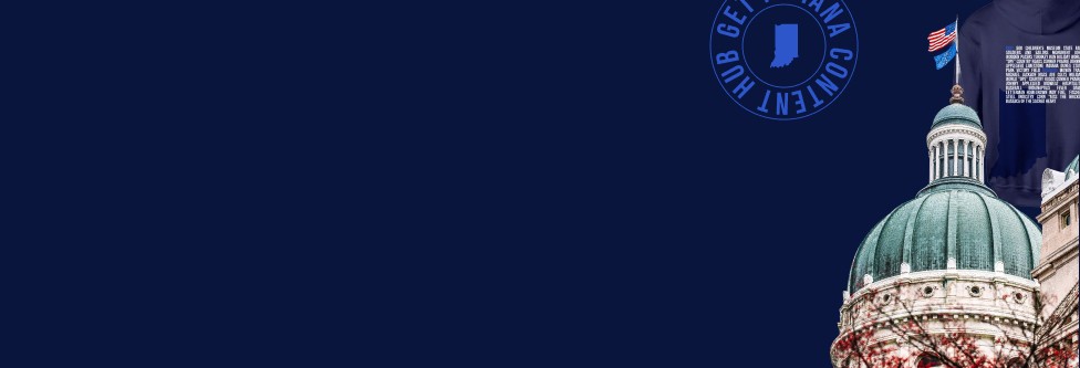 A man wearing headphones and a baseball cap gives a thumbs up while speaking into a microphone, set against a dark blue background where the words "GET IN" repeatedly appear in a large, faint font alongside a prominent "GET INDIANA" logo.