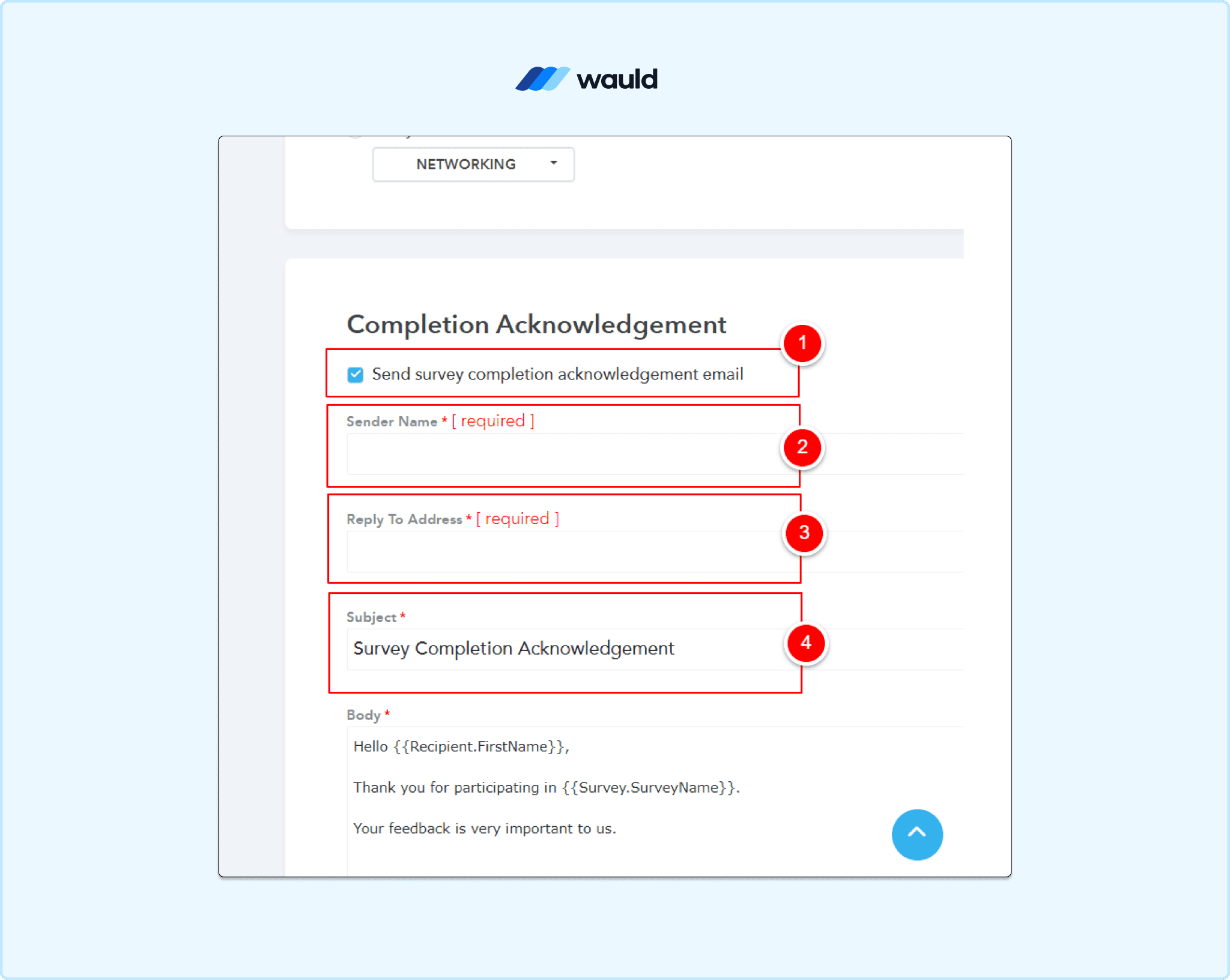 Eventleaf survey completion acknowledgement settings displaying email configuration fields including sender name, reply-to address, and subject line.