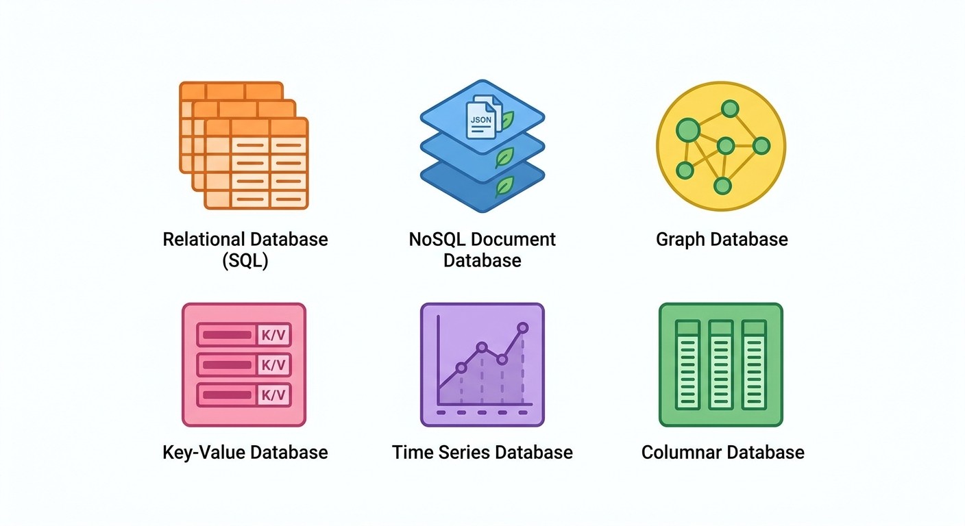Illustration of six different database types represented as colorful icons in a grid layout.