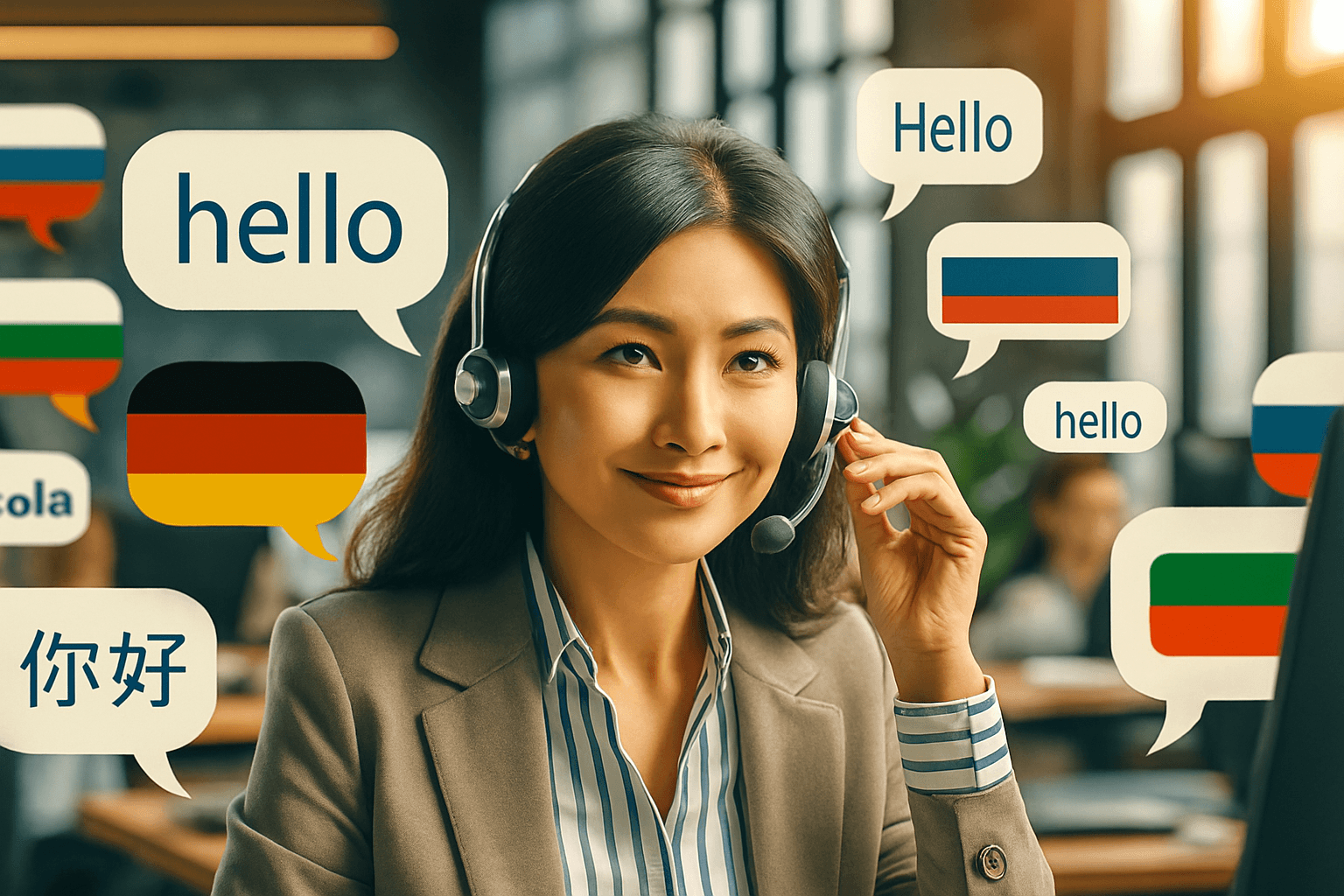 Une agente de support client portant un casque, entourée de bulles de dialogue affichant "Hello" dans différentes langues, symbolisant l'assistance multilingue pour les vendeurs Amazon.