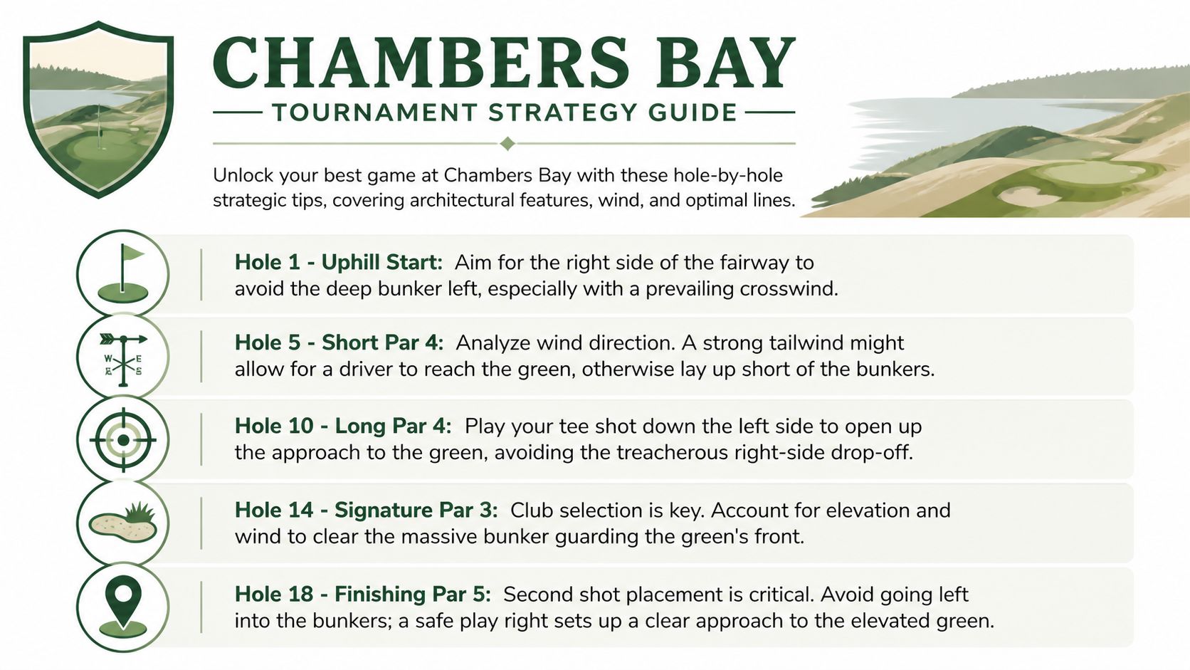 A strategic infographic for Chambers Bay golf course featuring tips for five specific holes.