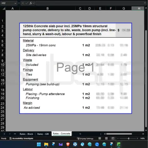 Screenshot of Microsoft Excel workbook showing first principle rate calculations for concreting trade by SubsQS Ltd