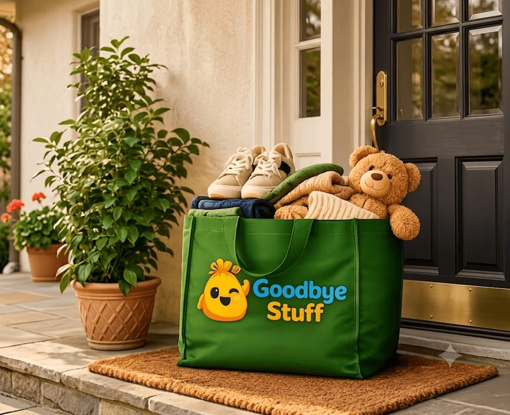 A green Goodbye Stuff tote bag filled with shoes, folded clothing and a teddy bear sitting on a home’s front porch