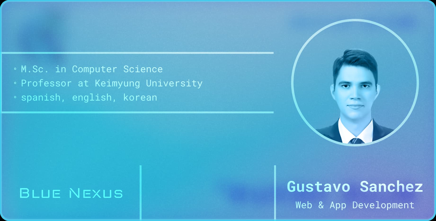 the front of a company card, showing Gustavo, an employee