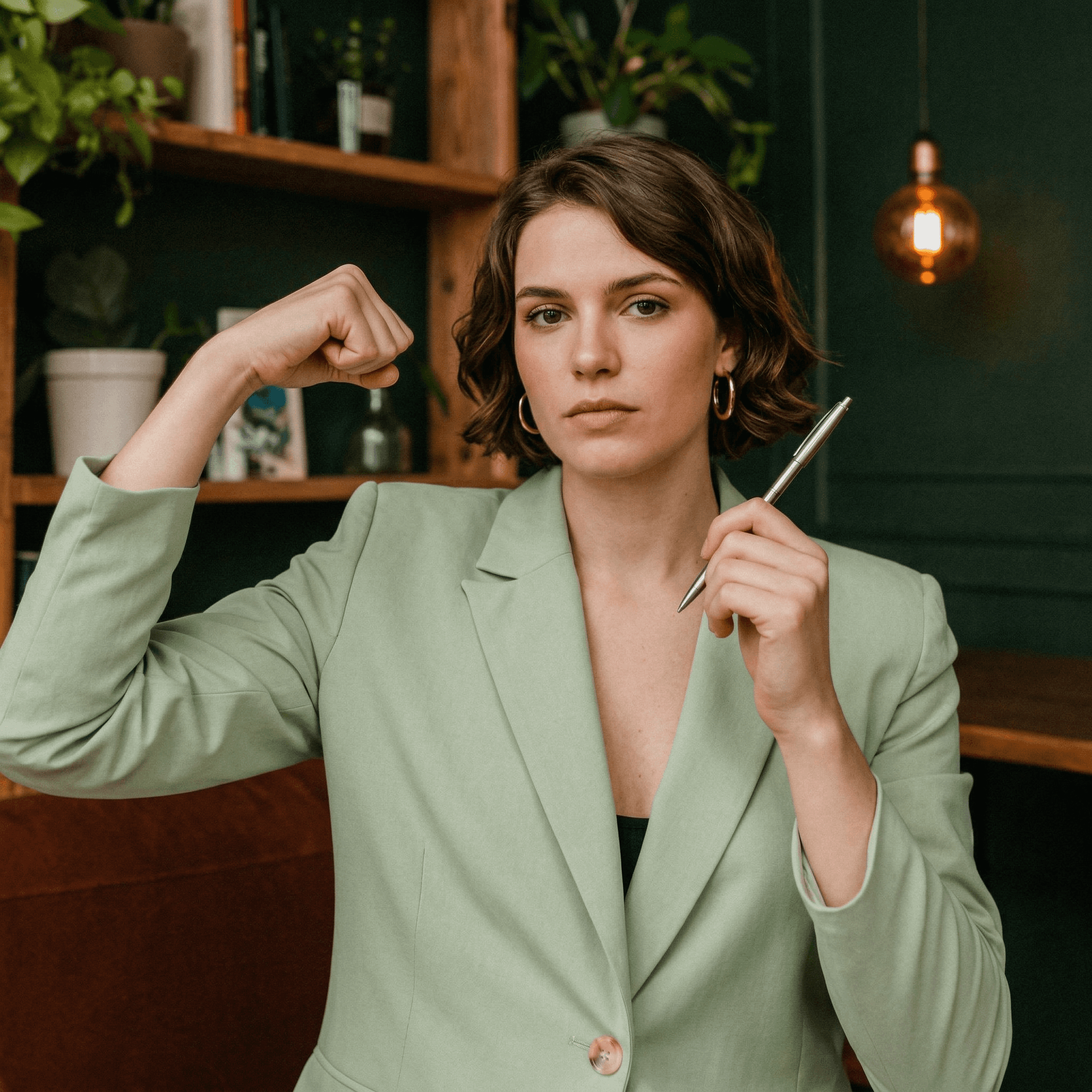 Professional woman flexing arm representing stronger AI powered creative team and increased content production capacity