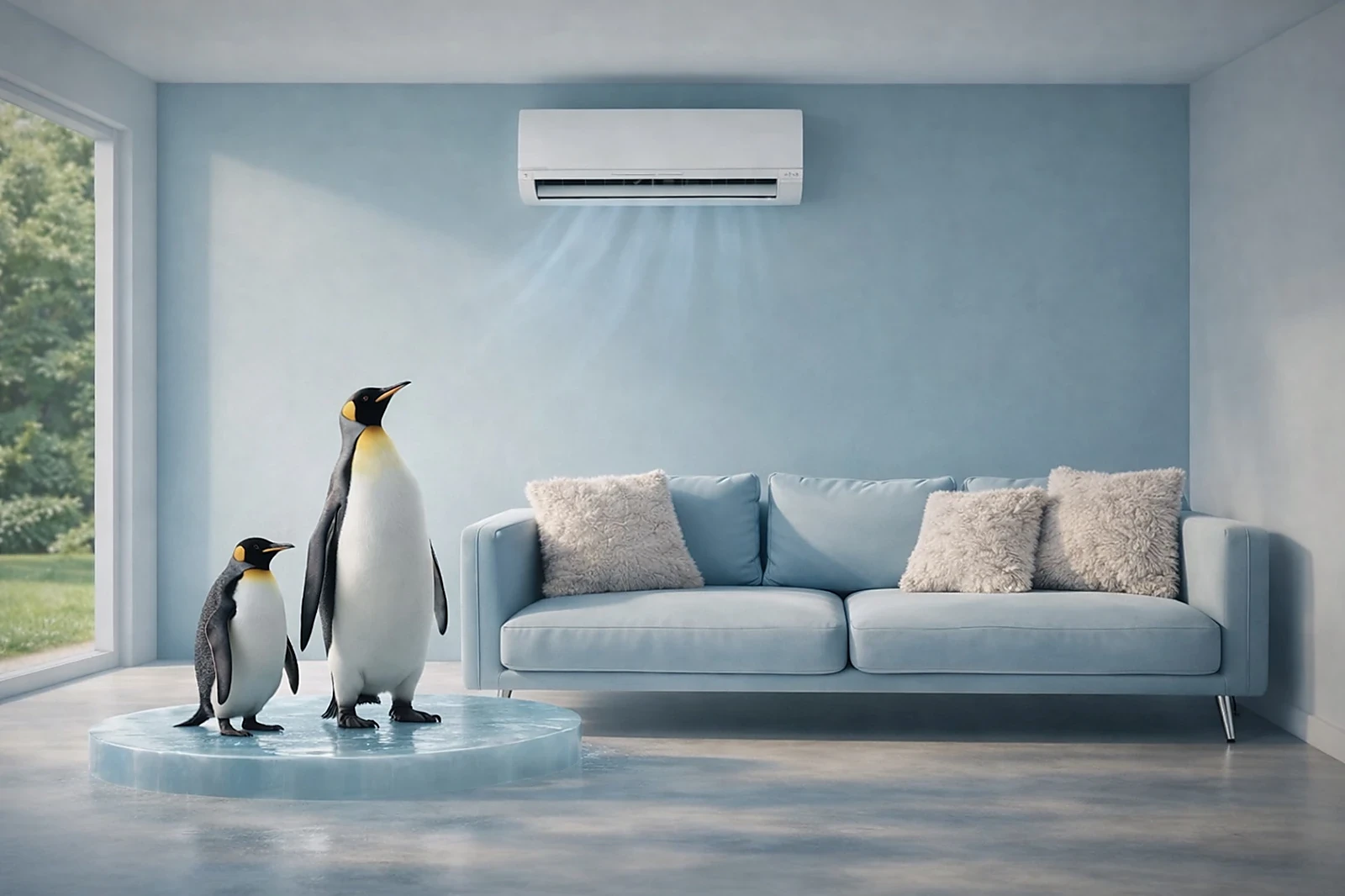 Condizionatore acceso in soggiorno moderno con due pinguini su piattaforma ghiacciata, ambiente fresco e confortevole