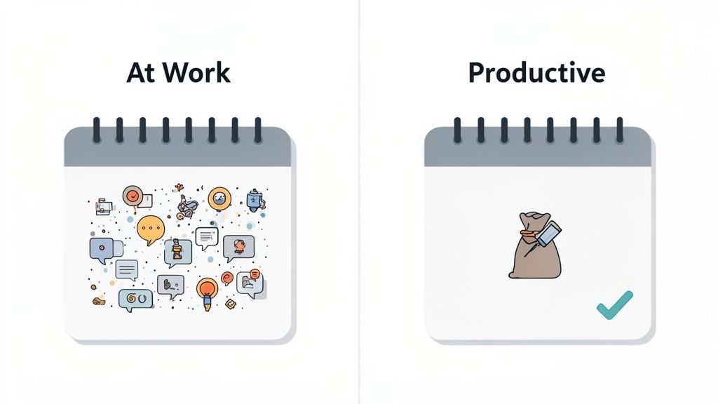 Two calendar pages illustrating the difference between a busy workday and a productive one.