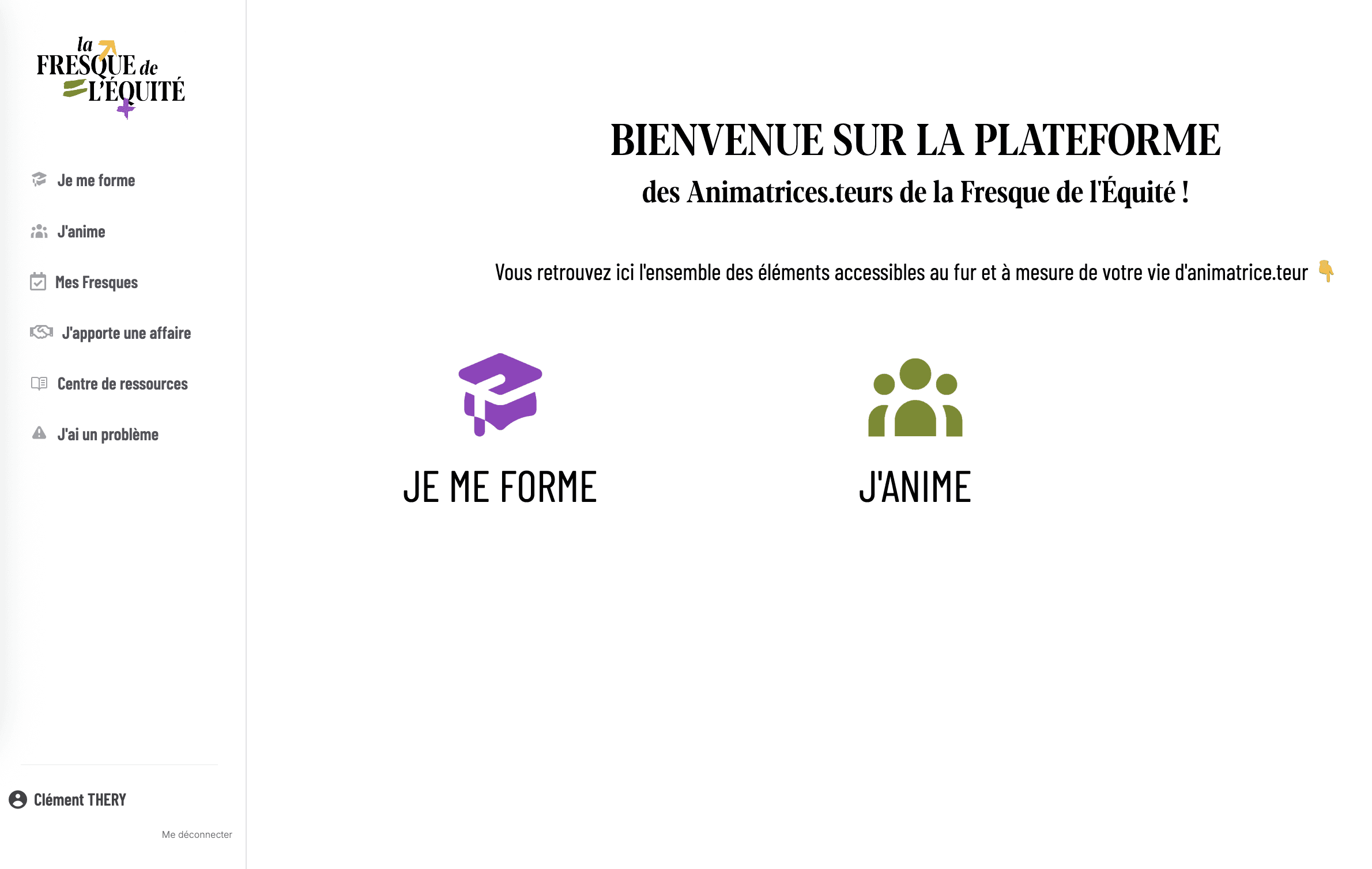 Capture d’écran de la page d’accueil de la plateforme Fresque de l’Équité : choix du parcours animateur avec options pour Fresque grand public ou en organisation.