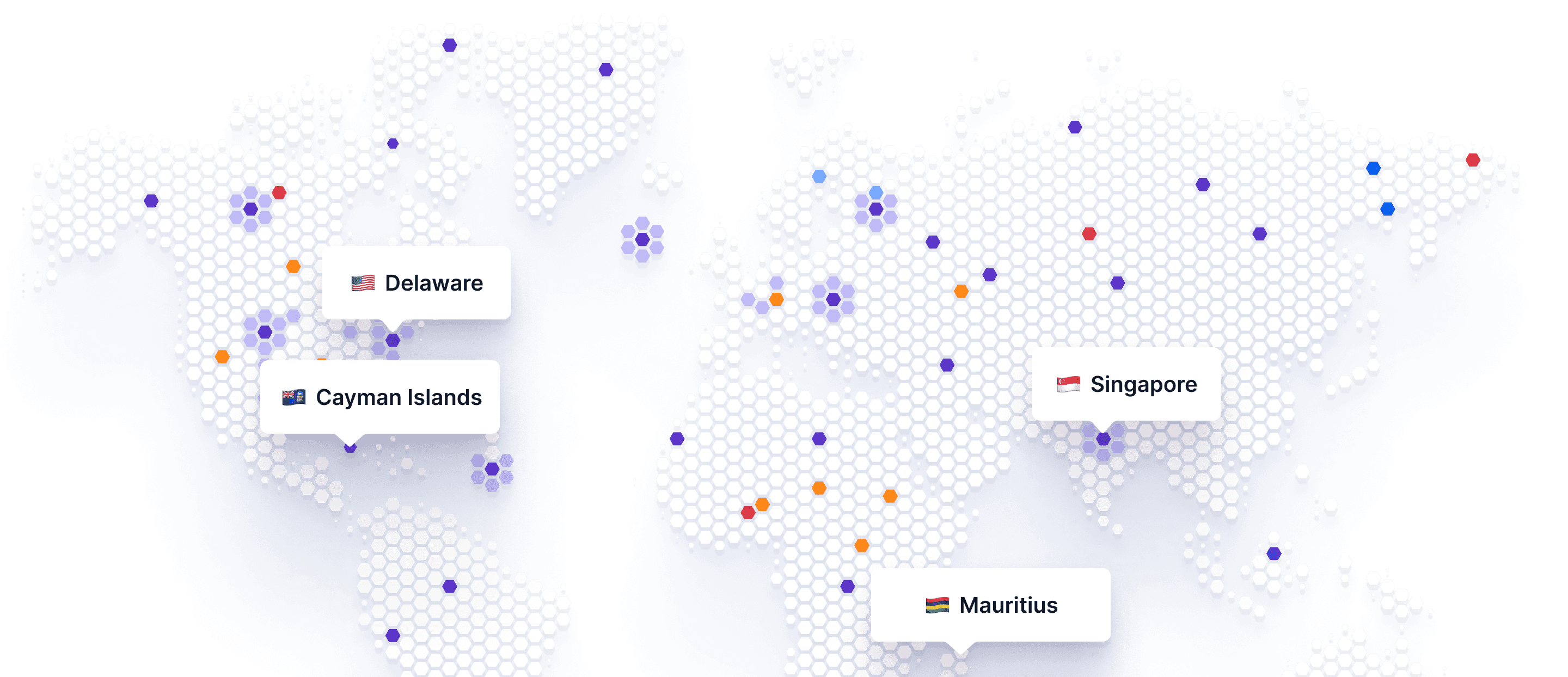 Image of the worl map, higlighting Delaware, cayman island, mauritius and singa