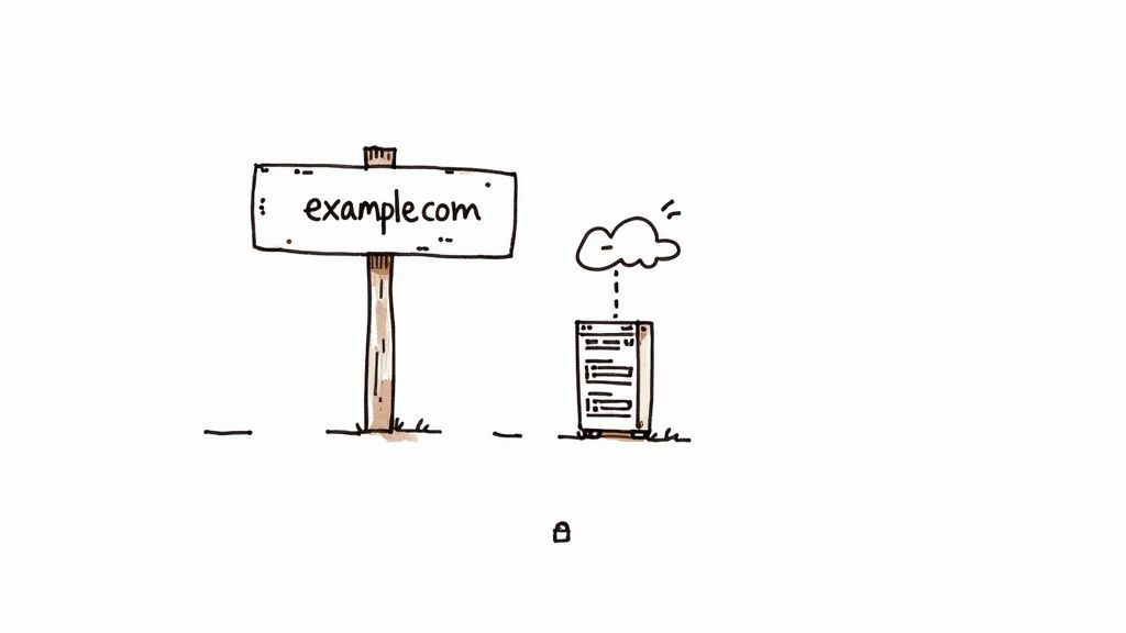 A hand-drawn illustration depicting a website domain sign, a server, and cloud hosting.