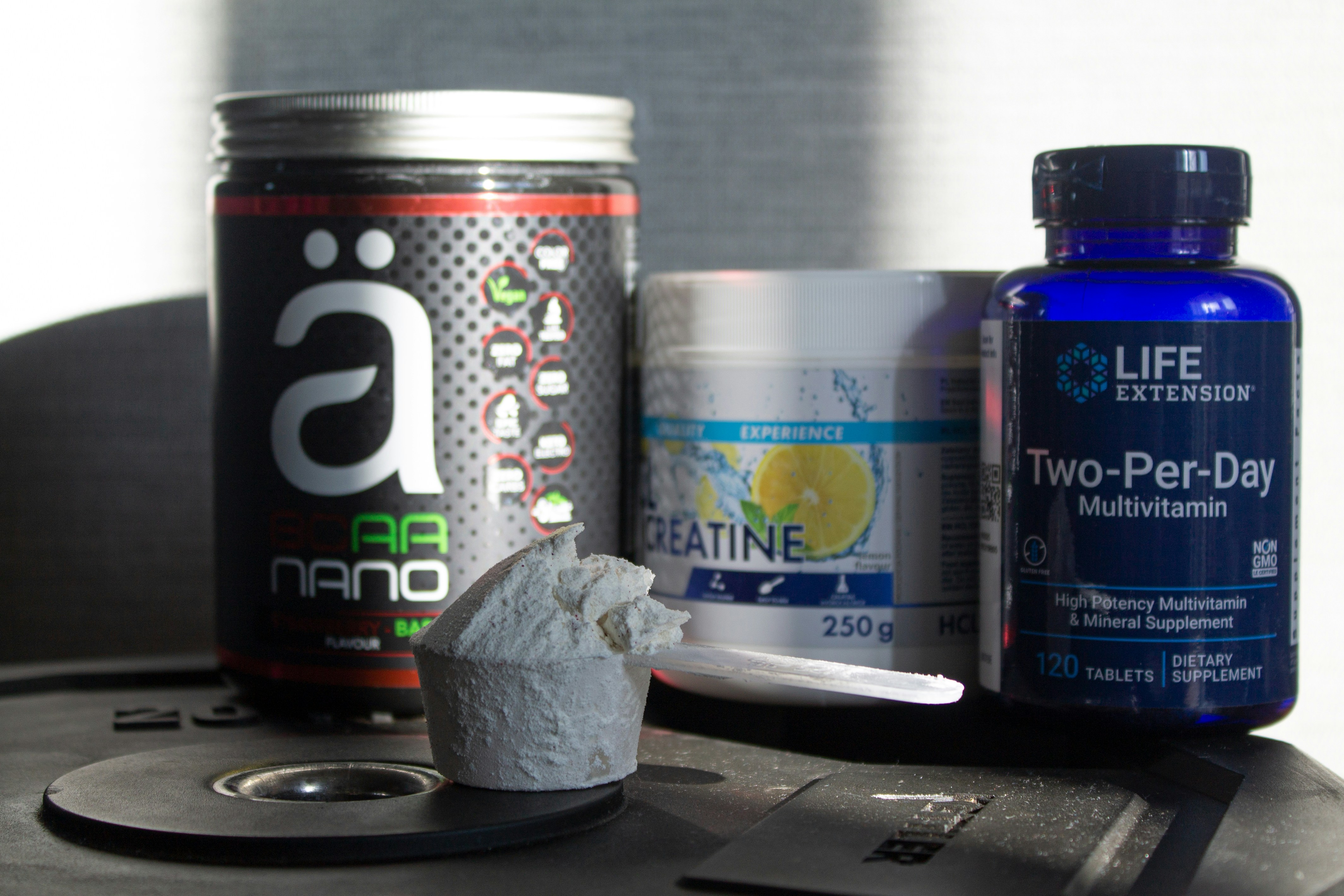 close-up of different gym supplements