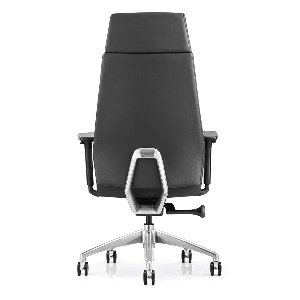 Full back view of a black leather office chair featuring a sculptural chrome lumbar support accent, sleek high-back design, and a sturdy 5-star aluminum base with rolling casters.
