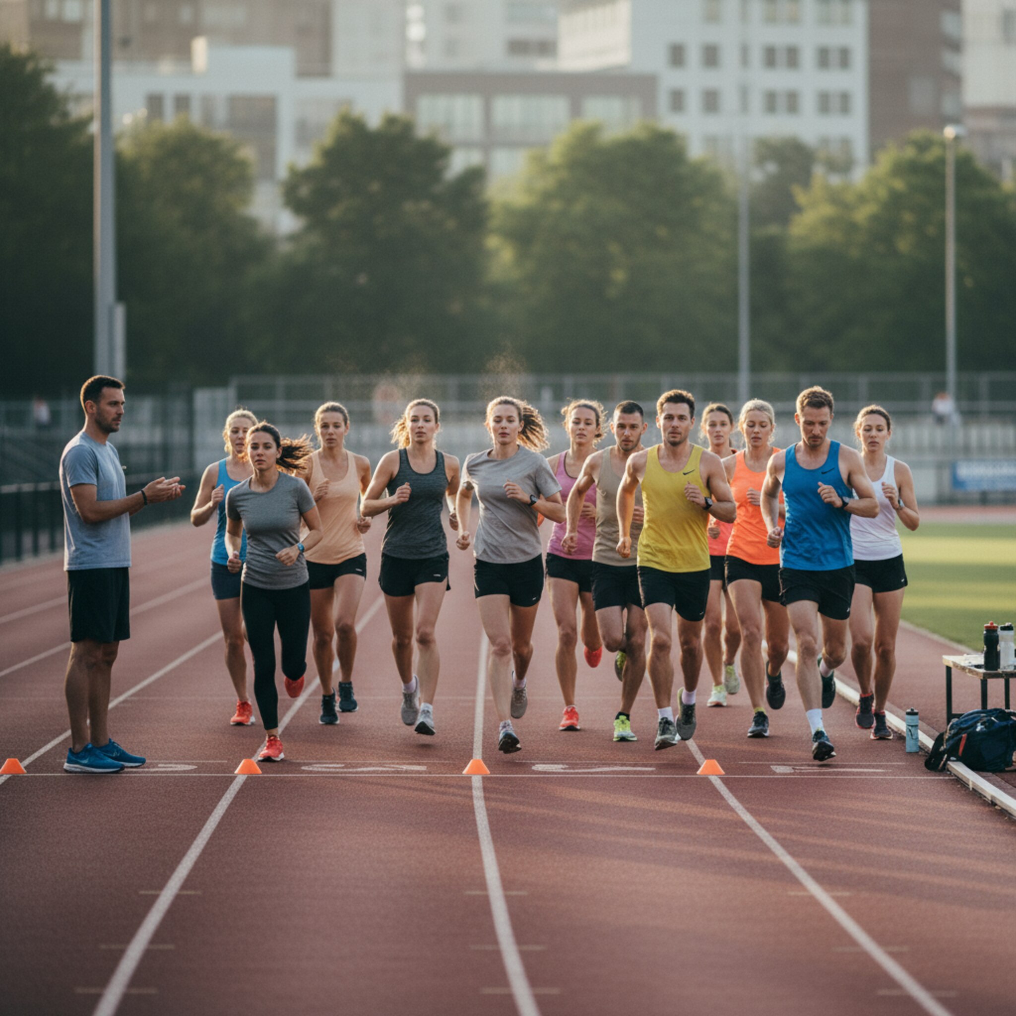 Auf einer Tartanbahn laufen mehrere Pace-Gruppen in gleichmäßigem Rhythmus. Kleine Markierungshütchen teilen die Bahn, ein Coach ruft Zwischenzeiten. Am Rand füllen Wasserflaschen eine Bank, eine Stoppuhr tickt hörbar. Konzentrierte Gesichter, entspannte Atmosphäre und strukturierter Ablauf prägen die Szene.