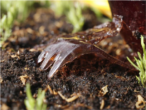 A plastic fork biodegrading in soil