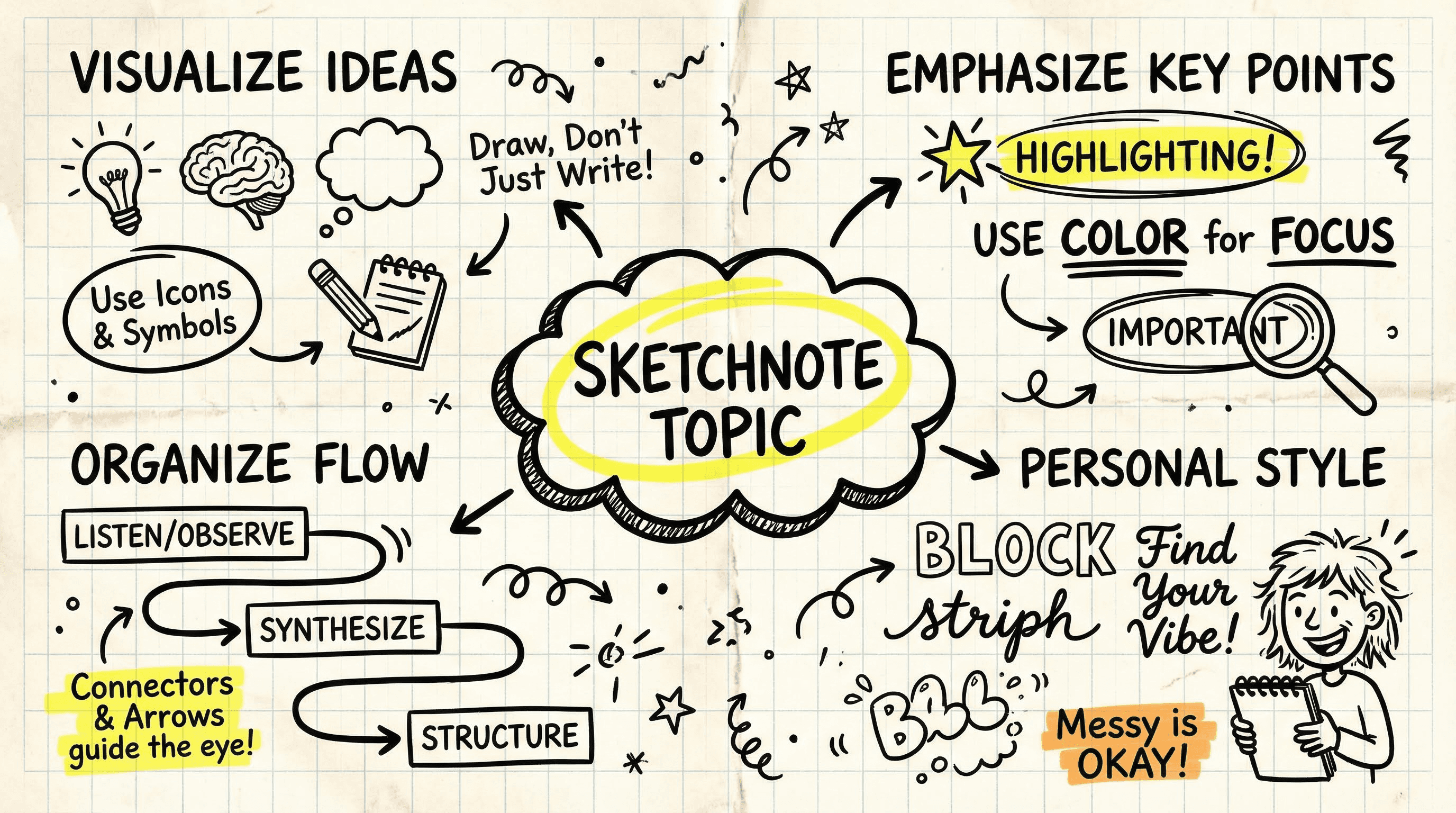 Hand-drawn sketchnote infographic on crumpled graph paper texture featuring thick marker lines and doodle-style arrows.