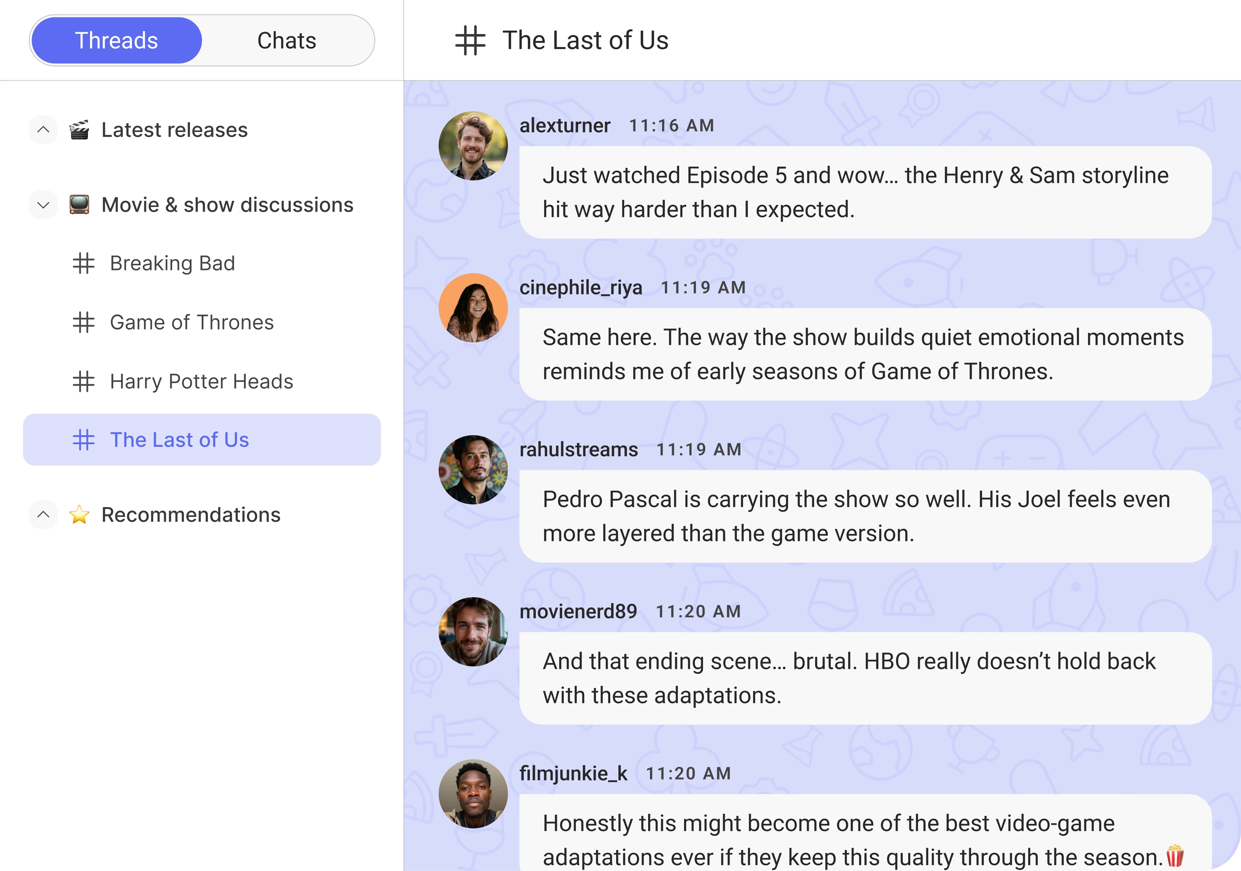 Interest-based community discussions with topic threads and real-time chats to connect members around shared hobbies, shows, and conversations.