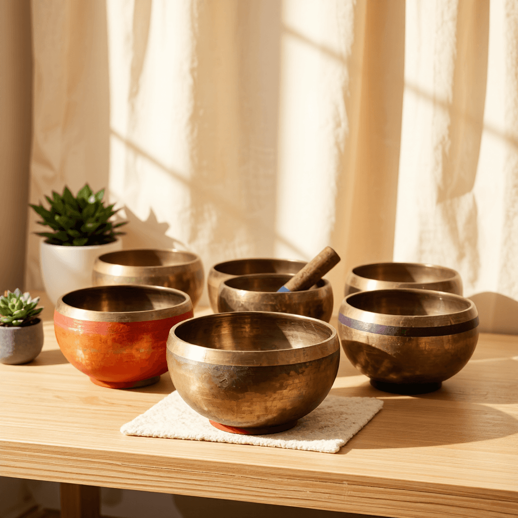 product photography of set of colorful singing bowls used for sound therapy