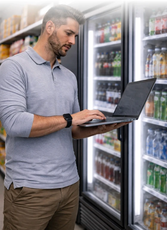 Person using a laptop beside a refrigerated beverage case
