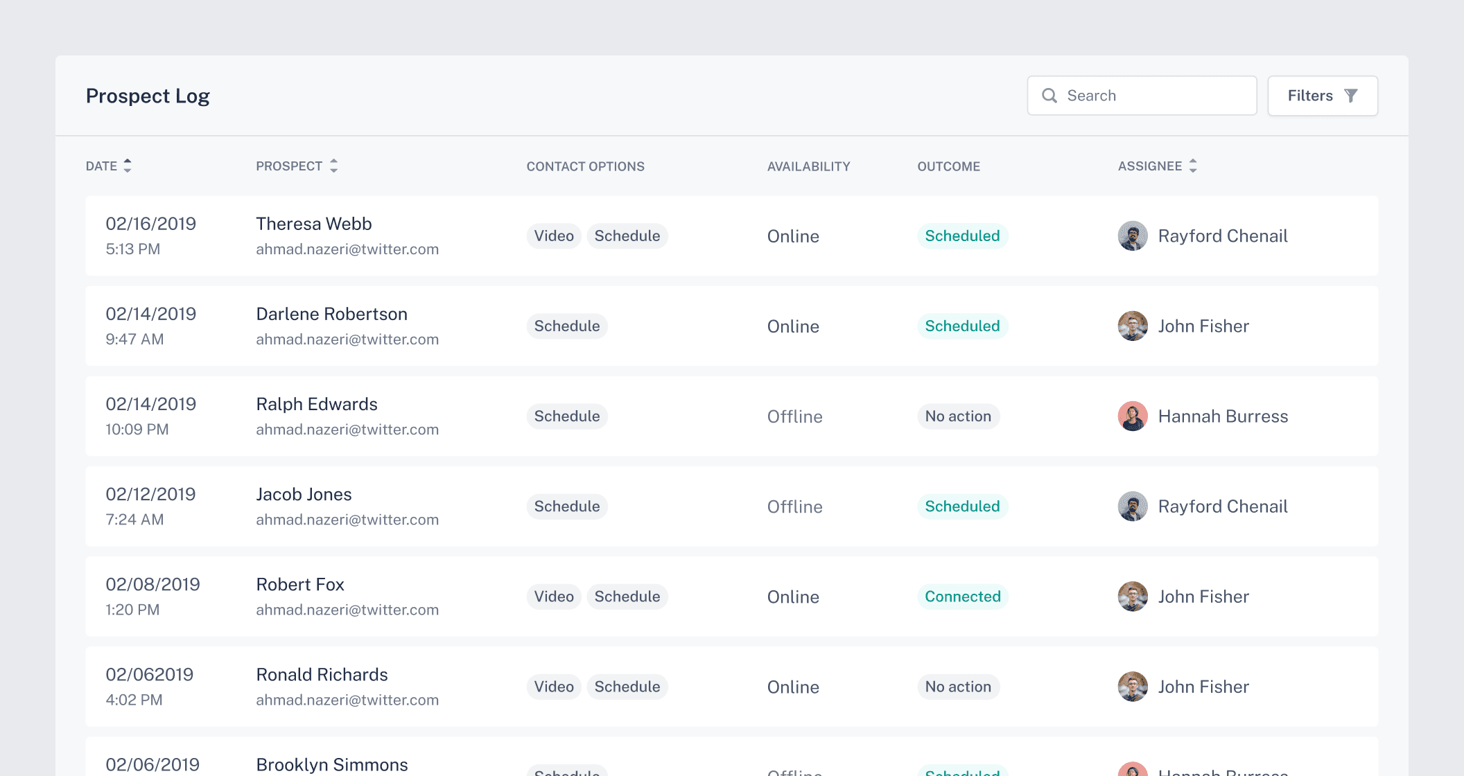 The “Prospect Log” that is a table of all the prospects who have interacted with the widget. It shows what contact options they were presented with, if the salesperson was available, and what was the outcome of that interaction.