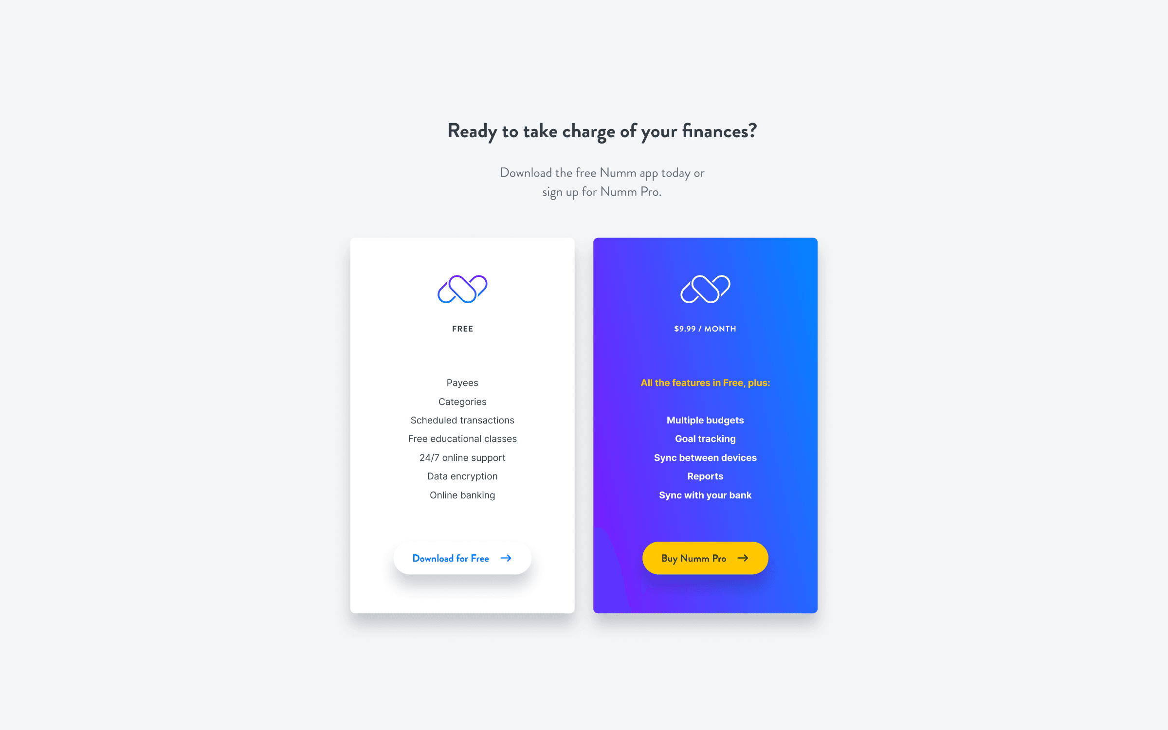Pricing section comparing free and pro plans of the Numm app with clean gradient cards.