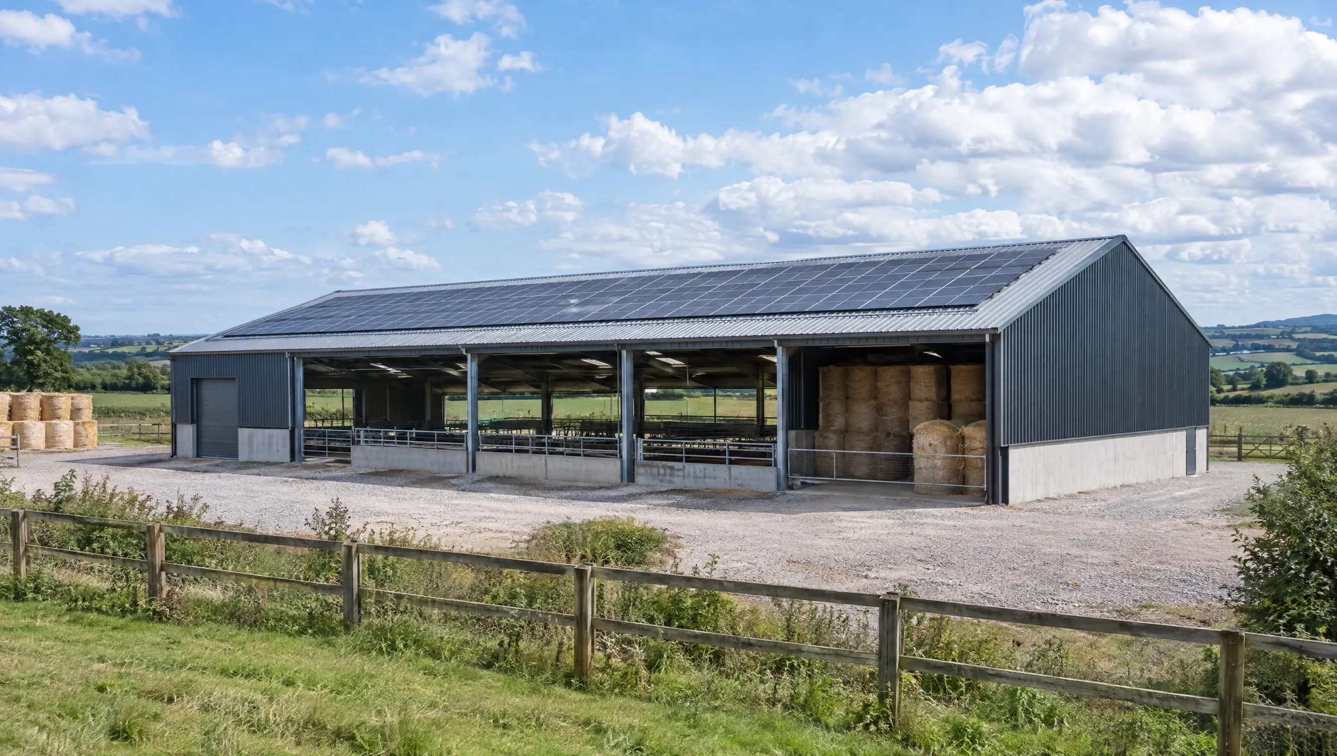 A farm barn with solar panels covering its roof