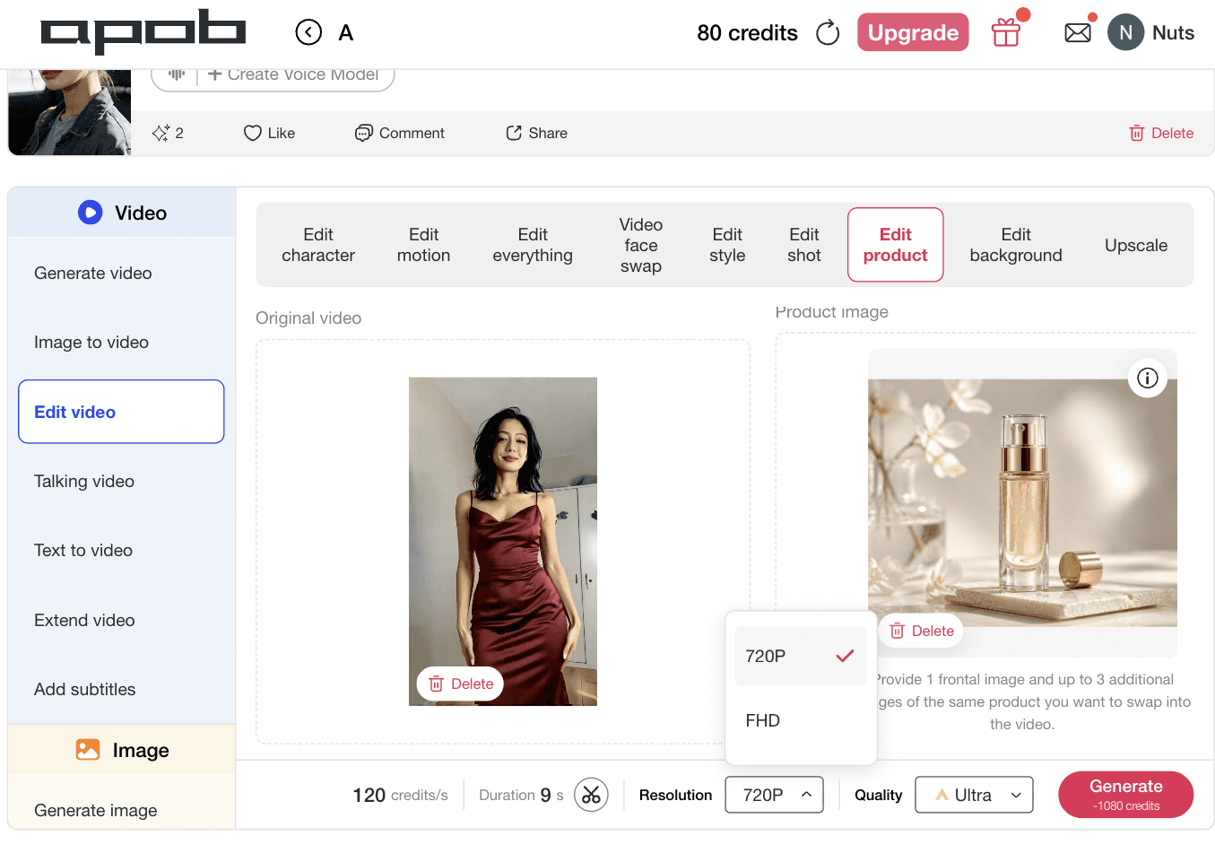 Générateur de vidéos publicitaires IA avec Edit product et résolution 720P pour placer un produit skincare dans la vidéo