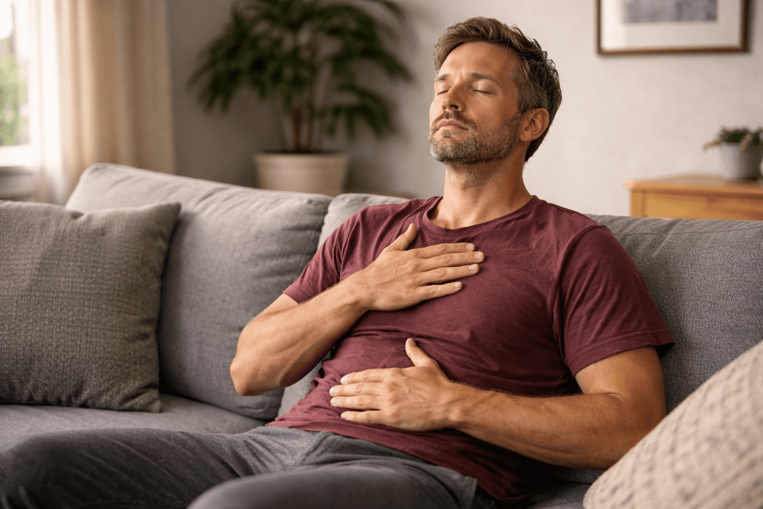 Man practicing calm breathing on his couch at home, using breathwork as part of physical therapy for chronic pain and nervous system regulation.