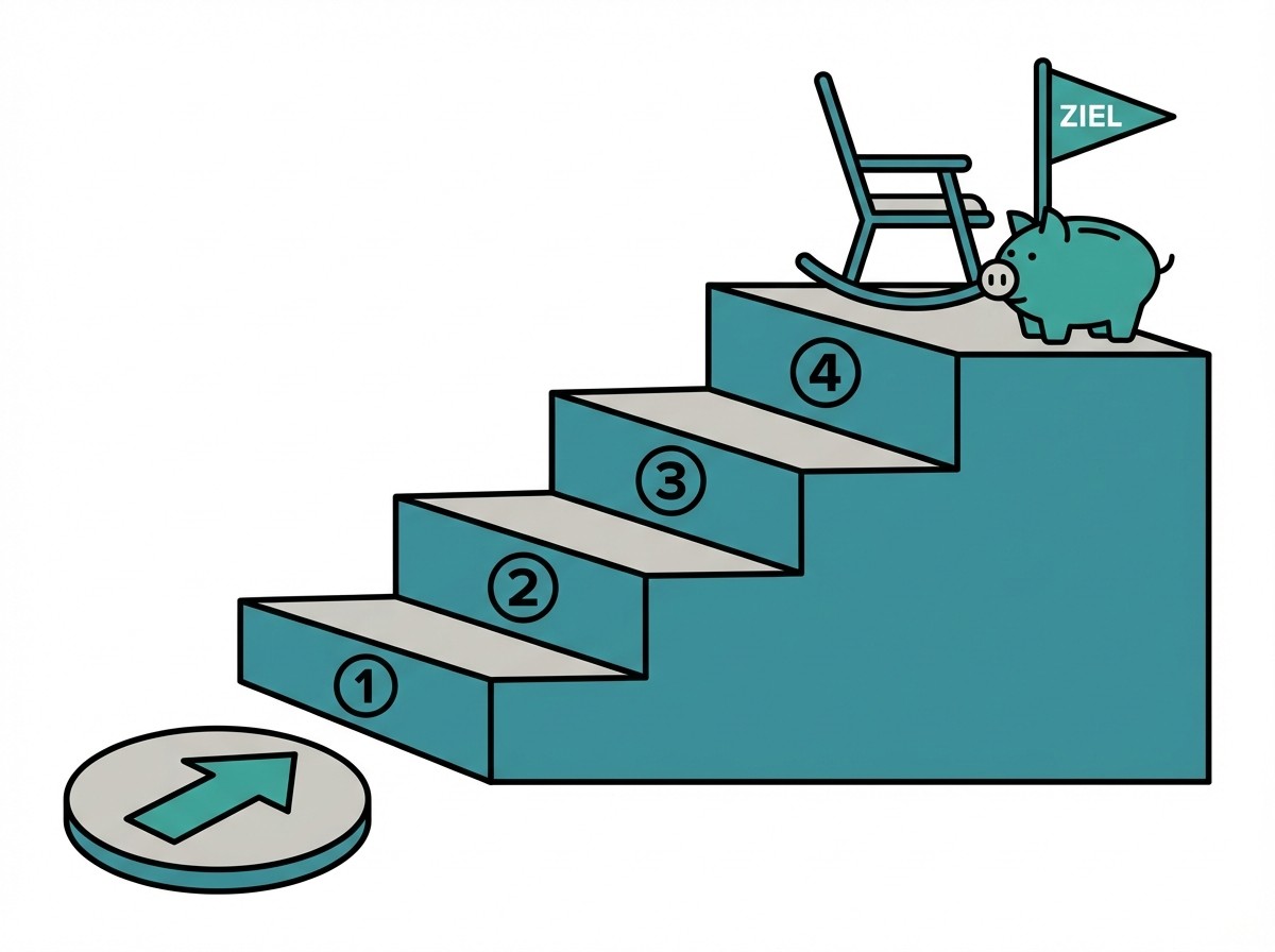 Treppe mit 4 Stufen führt zu Schaukelstuhl und Sparschwein mit „ZIEL“-Fahne. Symbolisiert den Weg zur Altersvorsorge.
