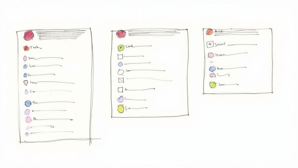 Three hand-drawn UI sketches display different list formats with colorful markers and text.