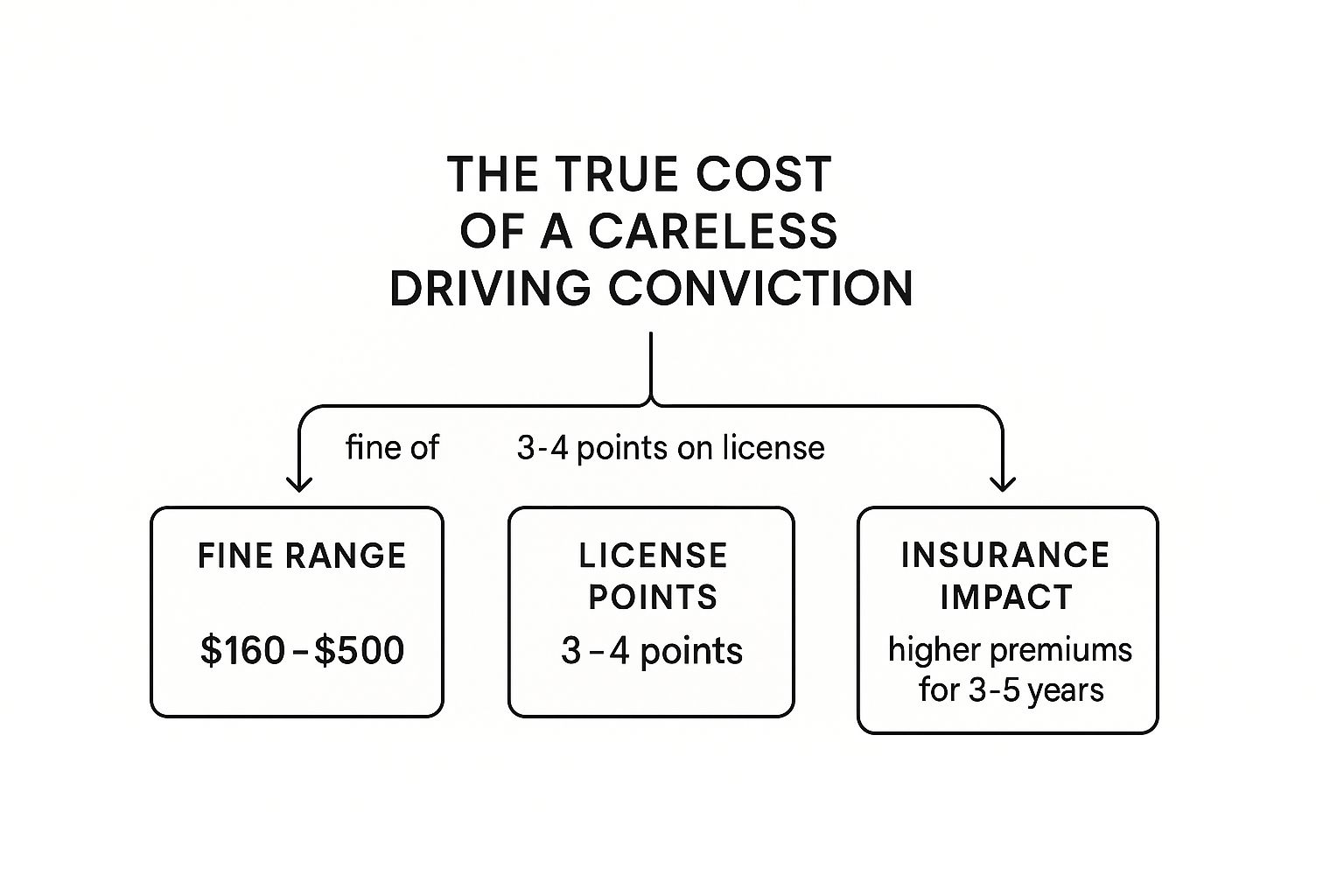 Infographic showing the true cost of a careless driving conviction including fines from $160-$500, 3-4 license points, and higher insurance premiums for 3-5 years.